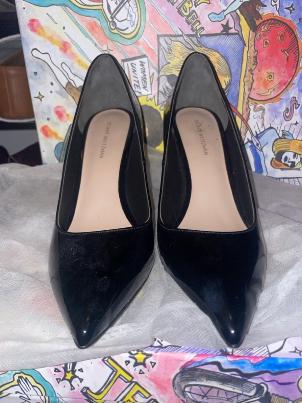 Stuart Weitzman Leigh 95 Black Patent Pointed Pumps